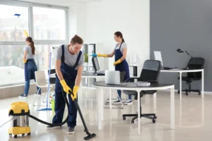 Professional office cleaning improving indoor air quality in a workplace