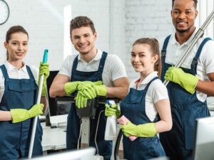 certified professional cleaners performing office cleaning 