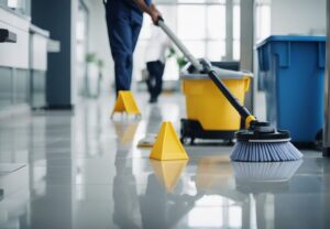 Professional residential cleaning team in kitchen